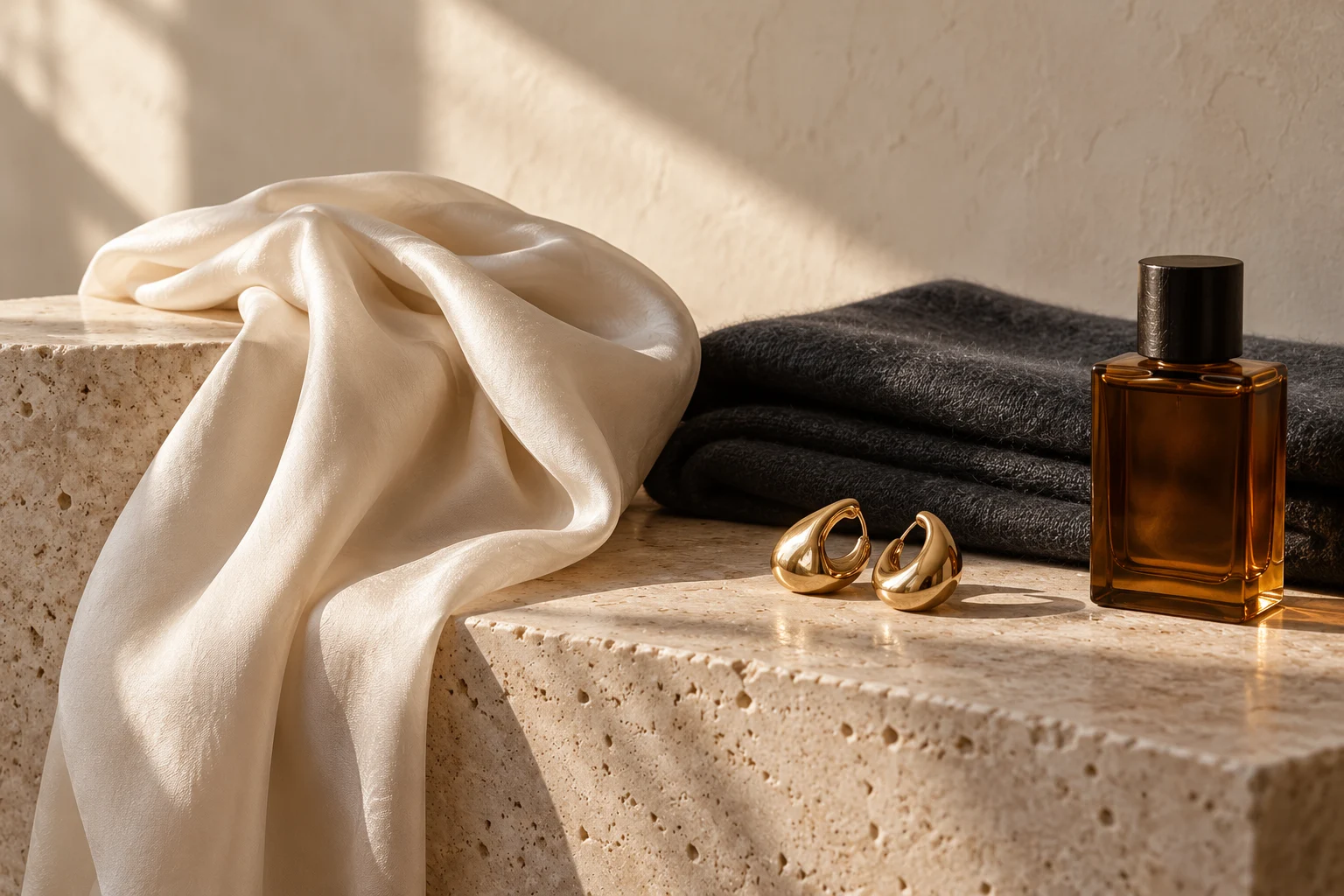 Editorial still life of refined textiles and accessories