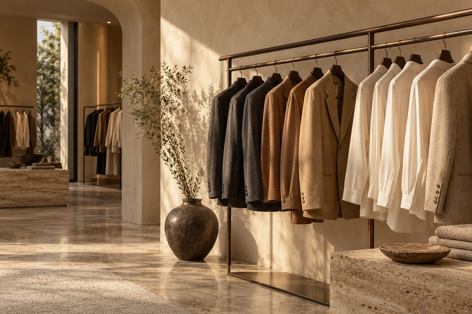 An editorial arrangement of tailored garments in soft natural light